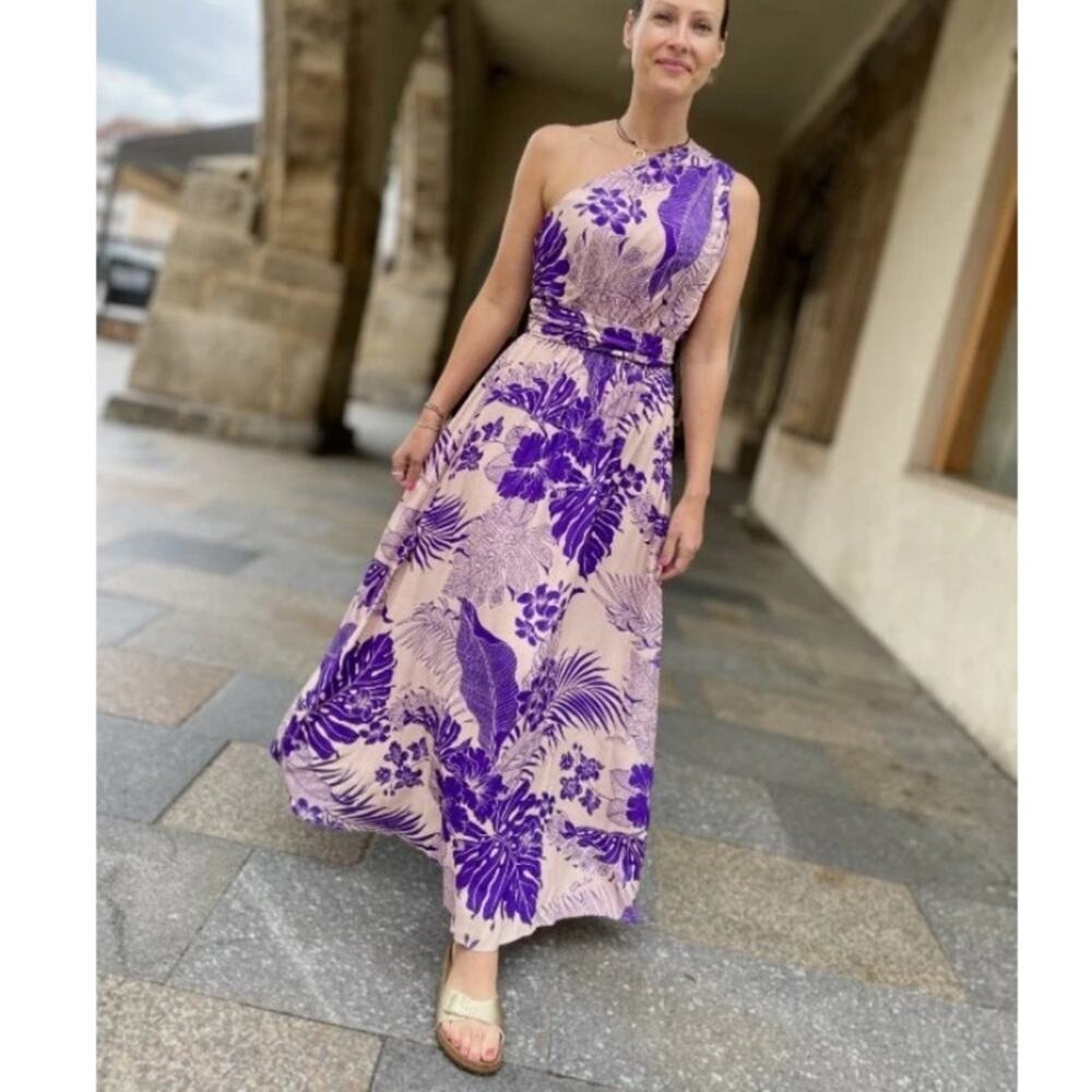 NEW! PINKO agave purple floral tropical maxi dress in nude/purple 44 8